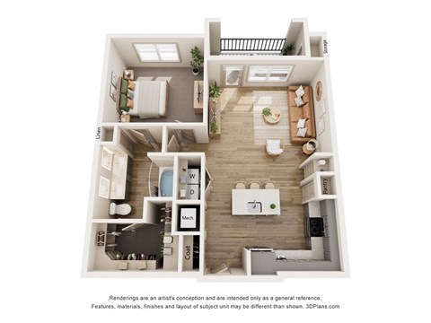 Floor plan for 1 bed, 1 bath, 884 sqft